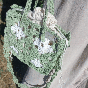 Örgü Hasır Çanta - Yeşil Motifli